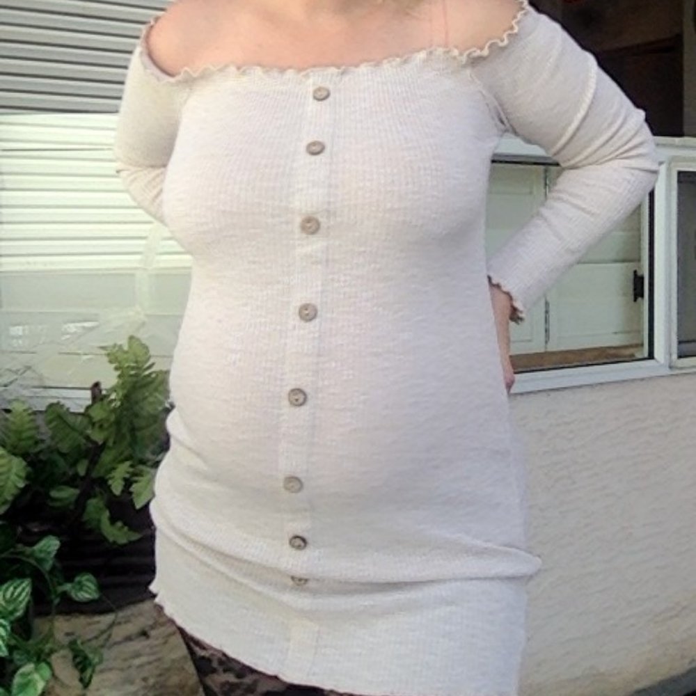 beige off the shoulder dress